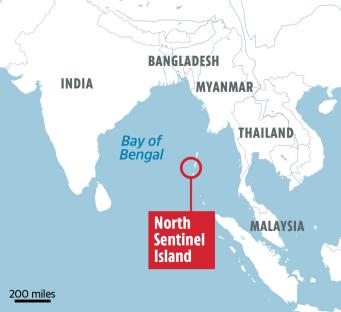 Map showing the location of North Sentinel Island in the Bay of Bengal.