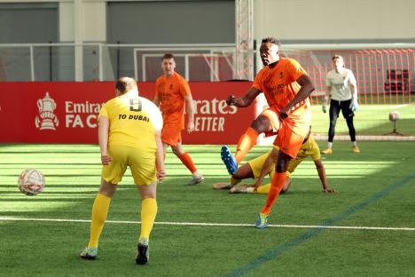 BURTON-UPON-TRENT, ENGLAND - APRIL 30: Shola Ameobi of Team Newcastle shoots during the Emirates 5-a-side match at St Georges Park on April 30, 2025 in Burton-upon-Trent, England. (Photo by Matt McNulty - The FA/The FA via Getty Images)