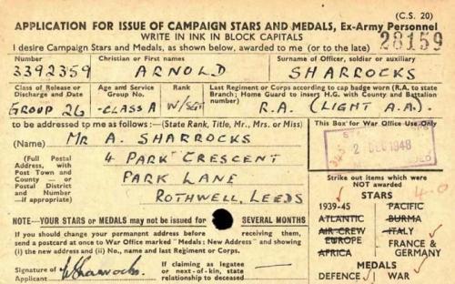 Application form for WWII British Army medals.