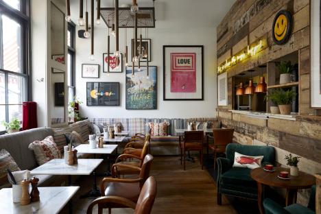 Interior of a cafe with eclectic decor.