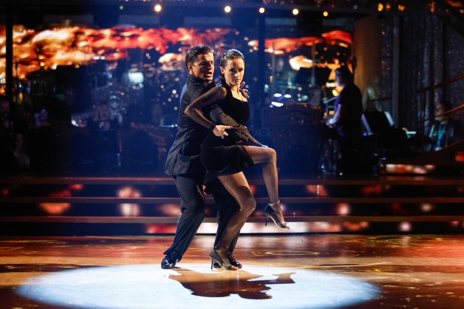 Amber Davies and Nikita Kuzmin dancing in a dress rehearsal for Strictly Come Dancing.