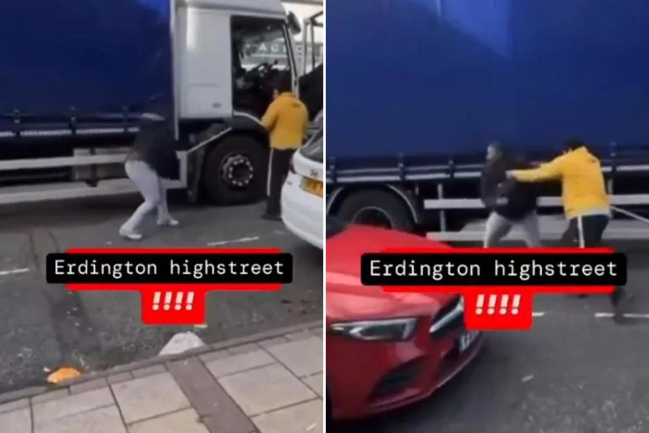 Shocking moment ‘road rage’ brawl breaks out on high street as pair smack each other with METAL POLES in brutal scrap