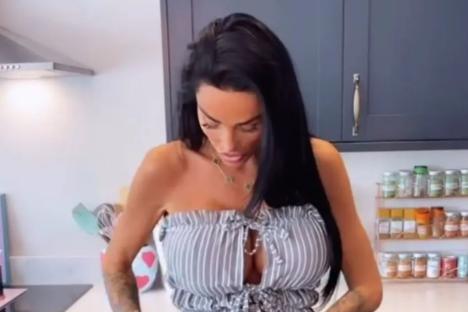 Katie Price shows off huge boobs and tiny waist as she flogs clothes online after ad gets banned for objectifying women