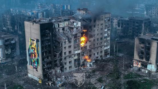 Aerial view of a burning apartment building in Bakhmut, Ukraine.