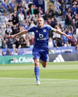 Jamie Vardy of Leicester City celebrating a goal.