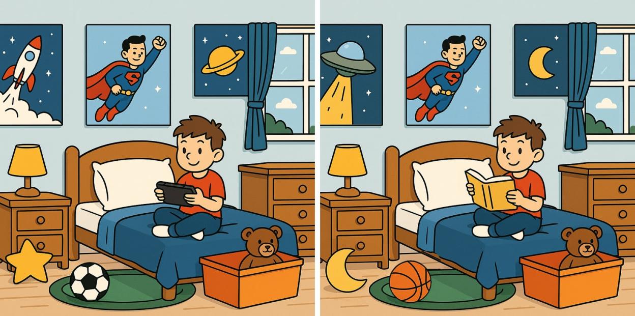 Illustration of a spot-the-difference puzzle showing a boy's bedroom, one panel showing the boy playing a video game and the other showing him reading a book.