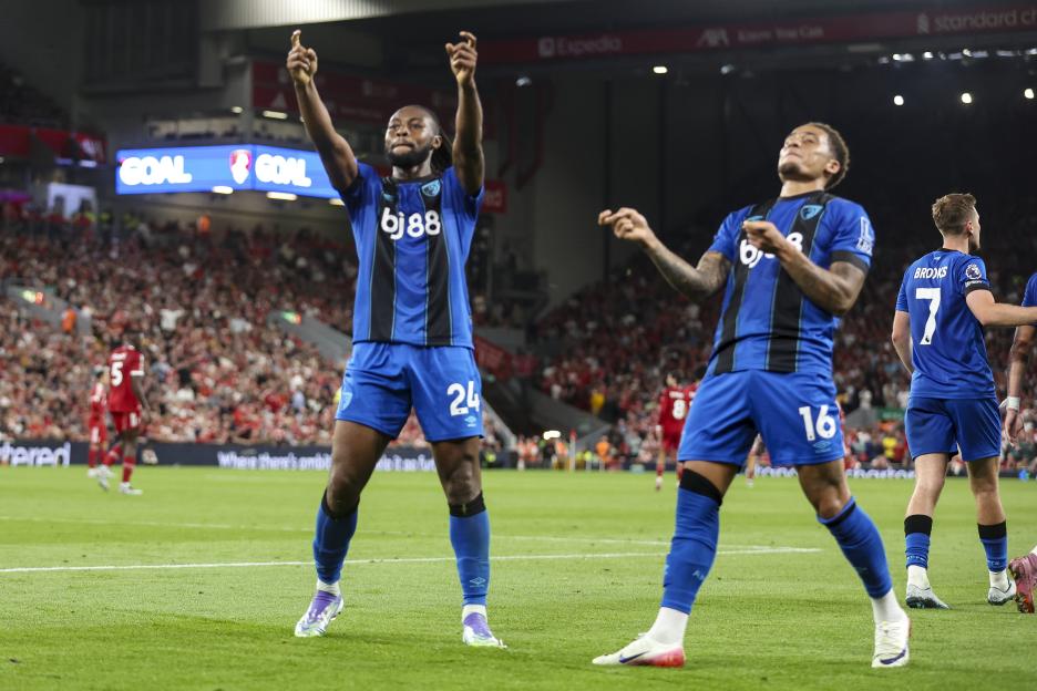 Antoine Semenyo and Marcus Tavernier celebrating a goal.
