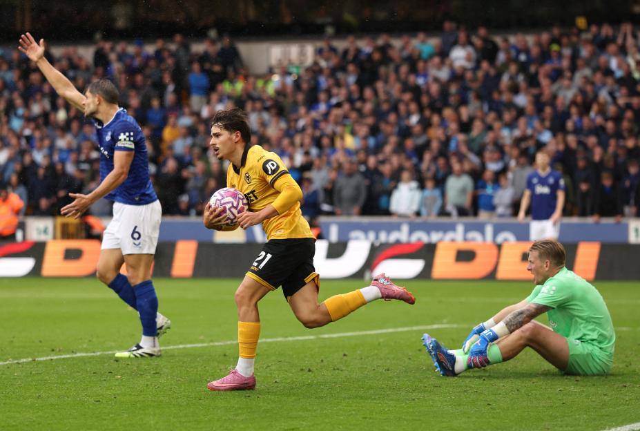 Rodrigo Gomes of Wolverhampton Wanderers celebrates scoring a goal.