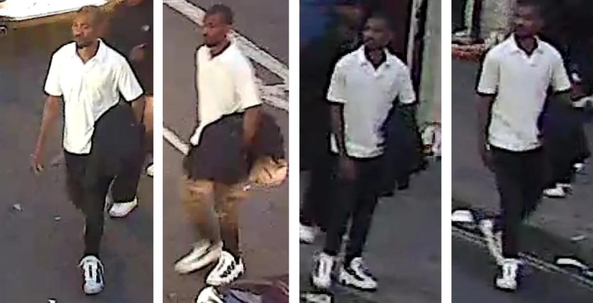 Collage of four CCTV images of a man in a white polo shirt, black pants, and white athletic shoes.