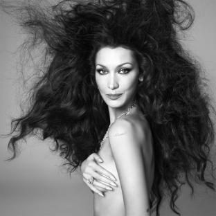 Black and white photo of Bella Hadid for British Vogue.