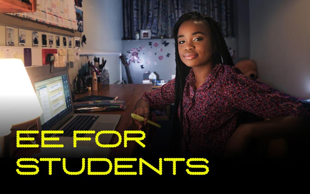 EE for students. A young woman sits at her desk studying on a laptop.