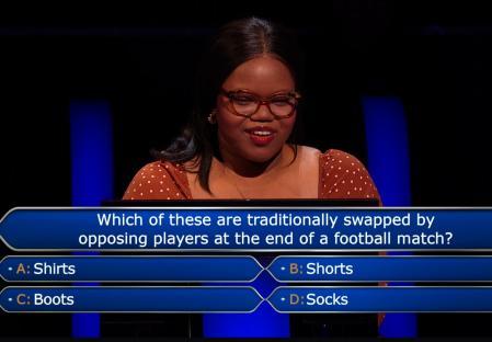 Screenshot of a game show contestant answering a question about football.