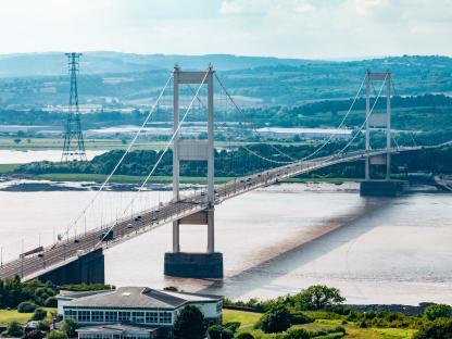 Aerial view of the Severn Bridge in England and Wales.