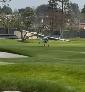 Small plane landing on a golf course.