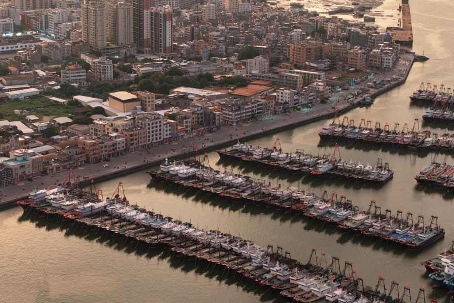 Aerial view of a city on the coast with dozens of fishing vessels moored in a port.