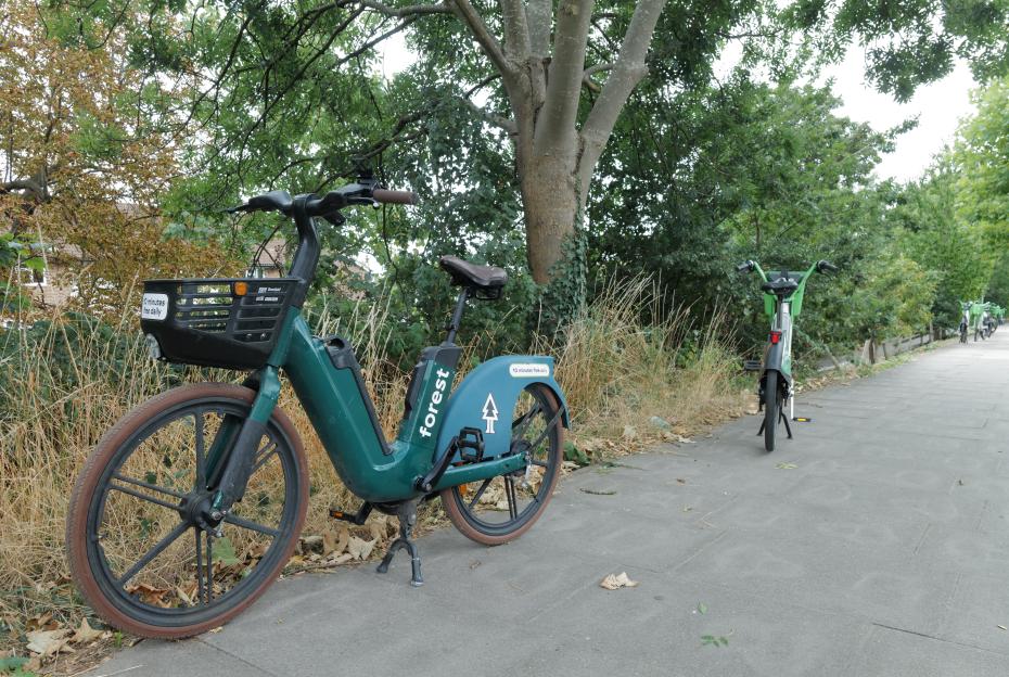 Lime bikes parked near a bridge.