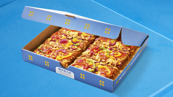 Pizza slices in a blue box.