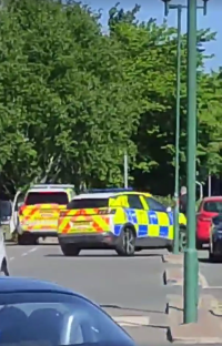 Two police cars parked on a street.