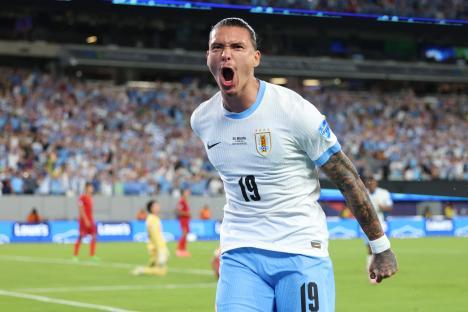Darwin Núñez celebrates scoring a goal for Uruguay.