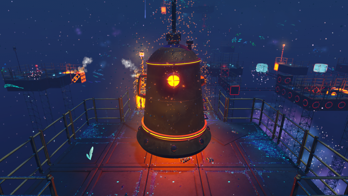 Illustration of a large, glowing bell-shaped object on a platform in a futuristic, space-like setting.