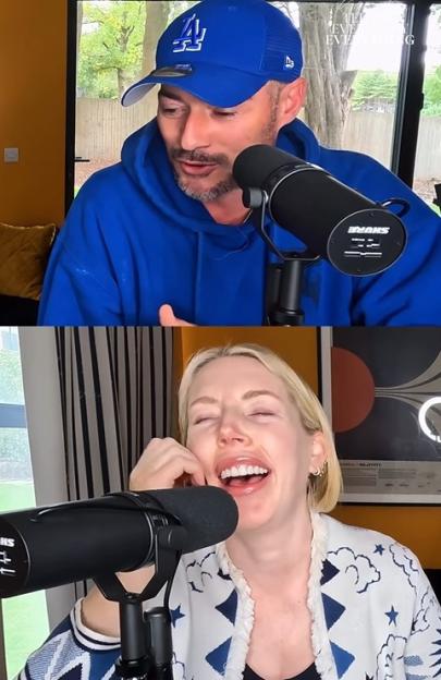 Collage of Katherine Ryan's husband and Katherine Ryan in a video podcast.