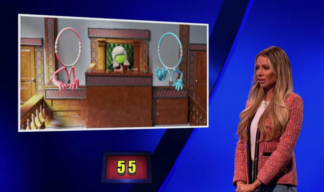 Olivia Attwood looks at a screen showing two tennis rackets, a pink one and a blue one, standing like people in a courtroom with a tennis ball judge.