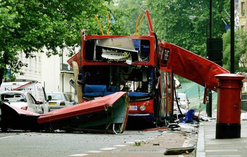 Wreckage of a double-decker bus after the 2005 London bombings.