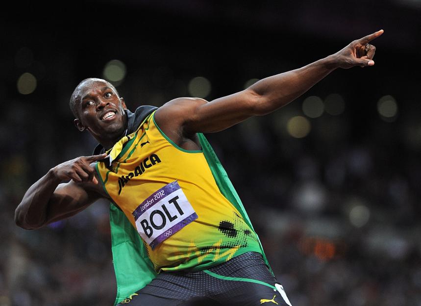 Usain Bolt celebrating his Men's 100m final win at the Olympic Stadium, London.