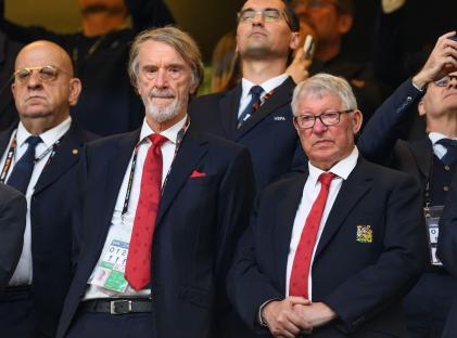 Sir Jim Ratcliffe and Sir Alex Ferguson at a soccer match.