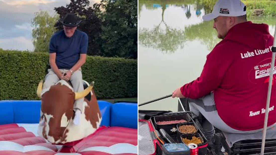 Luke Littler, 18, takes part in annual FISHING competition as Barry Hearn, 77, rides a mechanic bull