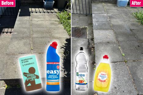 I tried 4 ways to get my paving clean without a pressure washer – one was a mess and stank but a 65p buy worked wonders