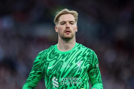 LONDON, ENGLAND - MARCH 16: Liverpool's Caoimhin Kelleher in action during the Carabao Cup Final between Liverpool and Newcastle United at Wembley Stadium on March 16, 2025 in London, England. (Photo by Alex Dodd - CameraSport via Getty Images)