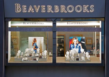 Beaverbrooks Jewellers shop window display with jewelry.