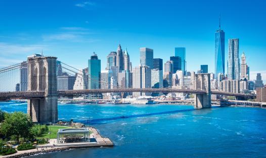 Manhattan skyline viewed from the Manhattan Bridge.