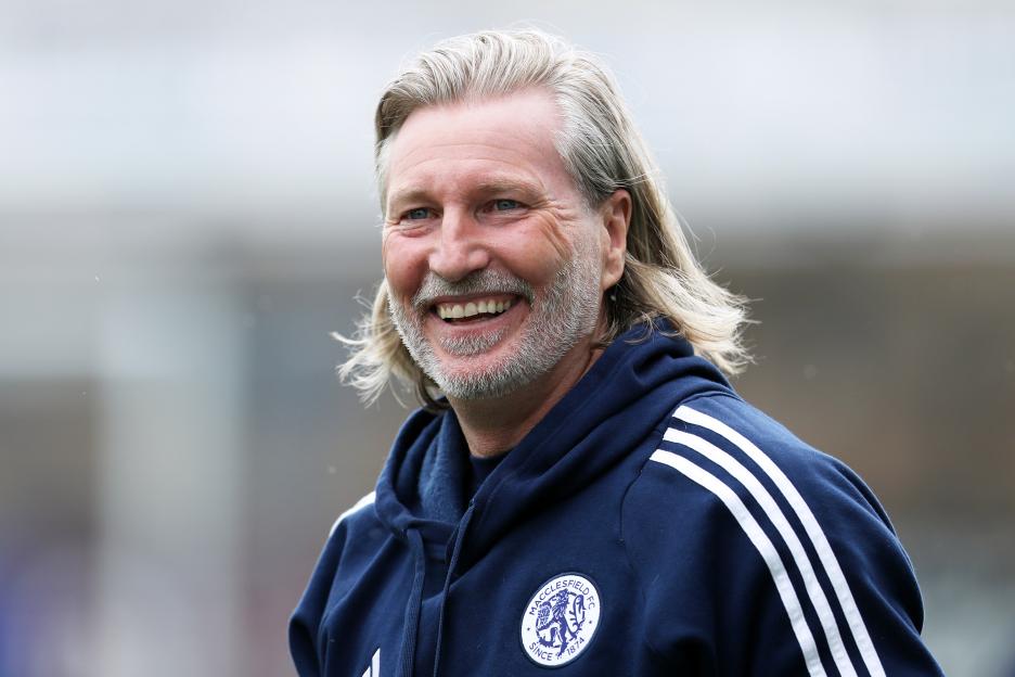 Robbie Savage, Macclesfield manager, smiling.