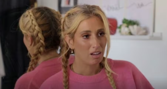 Stacey Solomon appearing emotional.