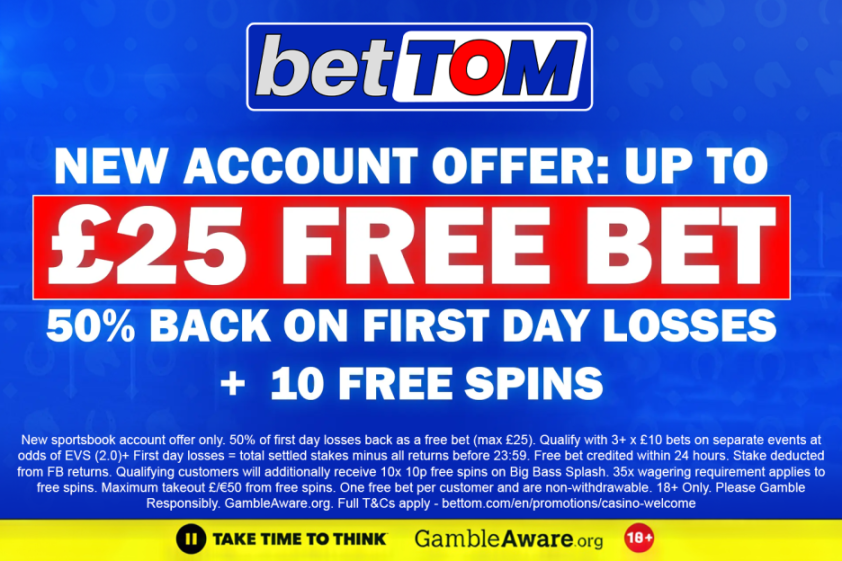 Get 50% of your first day losses back as a free bet up to £25, plus 10 free spins at BetTom