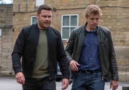 Danny Miller and Ryan Hawley, from Emmerdale, walking.