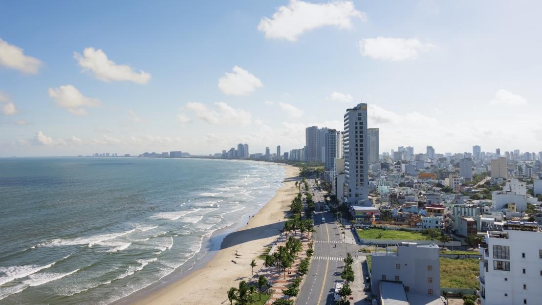 Aerial view of My Khe Beach and Da Nang, Vietnam.