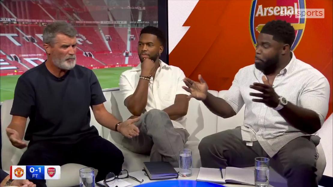 Roy Keane, Micah Richards, and another man on a sports show.