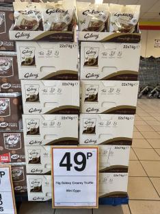 Stack of Galaxy Creamy Truffle Mini Eggs boxes for 49p.