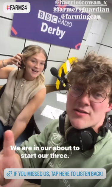 Two people at BBC Radio Derby, preparing to start a broadcast.