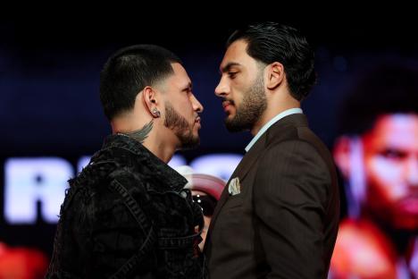 Edgar Berlanga and Hamzah Sheeraz face off at a press conference.