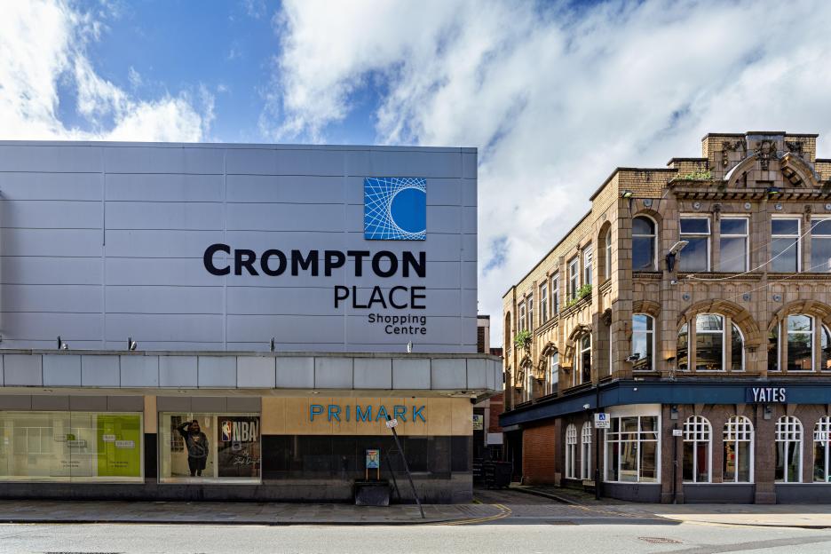 Crompton Place Shopping Centre in Bolton, UK, with a Primark and Yates's.