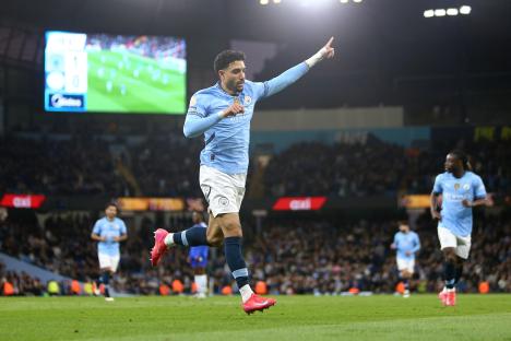 Omar Marmoush of Manchester City celebrating a goal.
