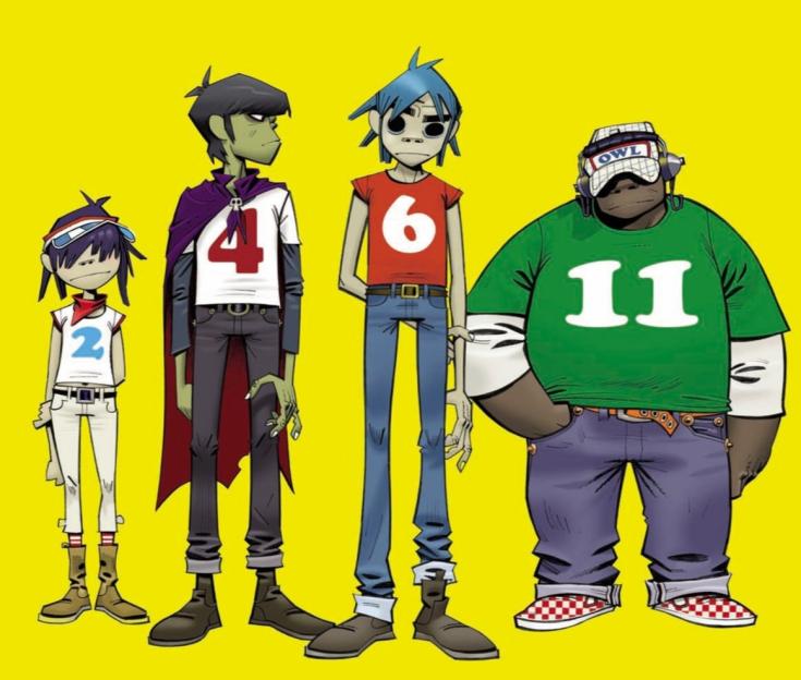 Illustration of the four animated members of the band Gorillaz standing on a yellow background.