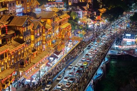 CHONGQING, CHINA - APRIL 30: Tourists visit Hongya Caves scenic area ahead of the May Day holiday on April 30, 2025 in Chongqing, China. The five-day May Day holiday will start on May 1 this year. (Photo by Fuyu Jianglin/VCG via Getty Images)