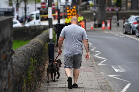 Man walking a dog on a sidewalk.