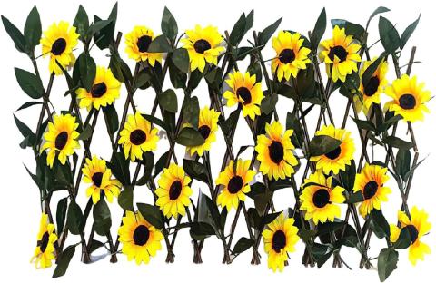 Expanding garden flower trellis with artificial sunflowers.