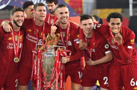 Liverpool players with Premier League trophy and medals.